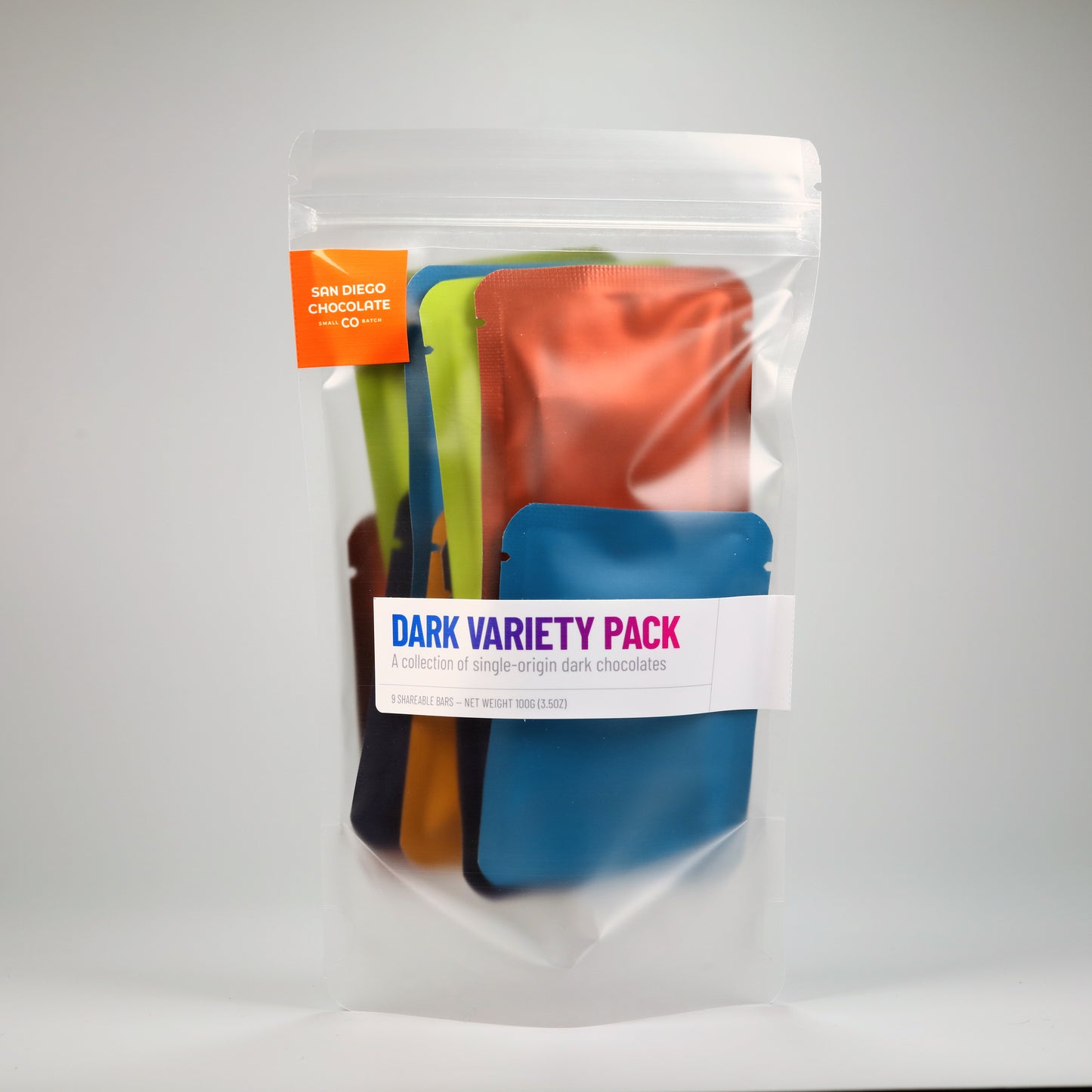 Dark chocolate variety pack in clear packaging with visible San Diego Chocolate logo.