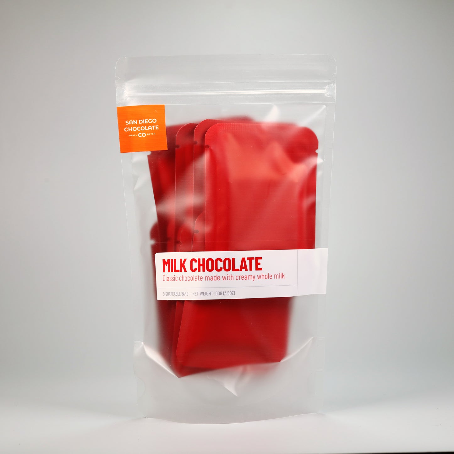 Red milk chocolate package with a clear front on a white background