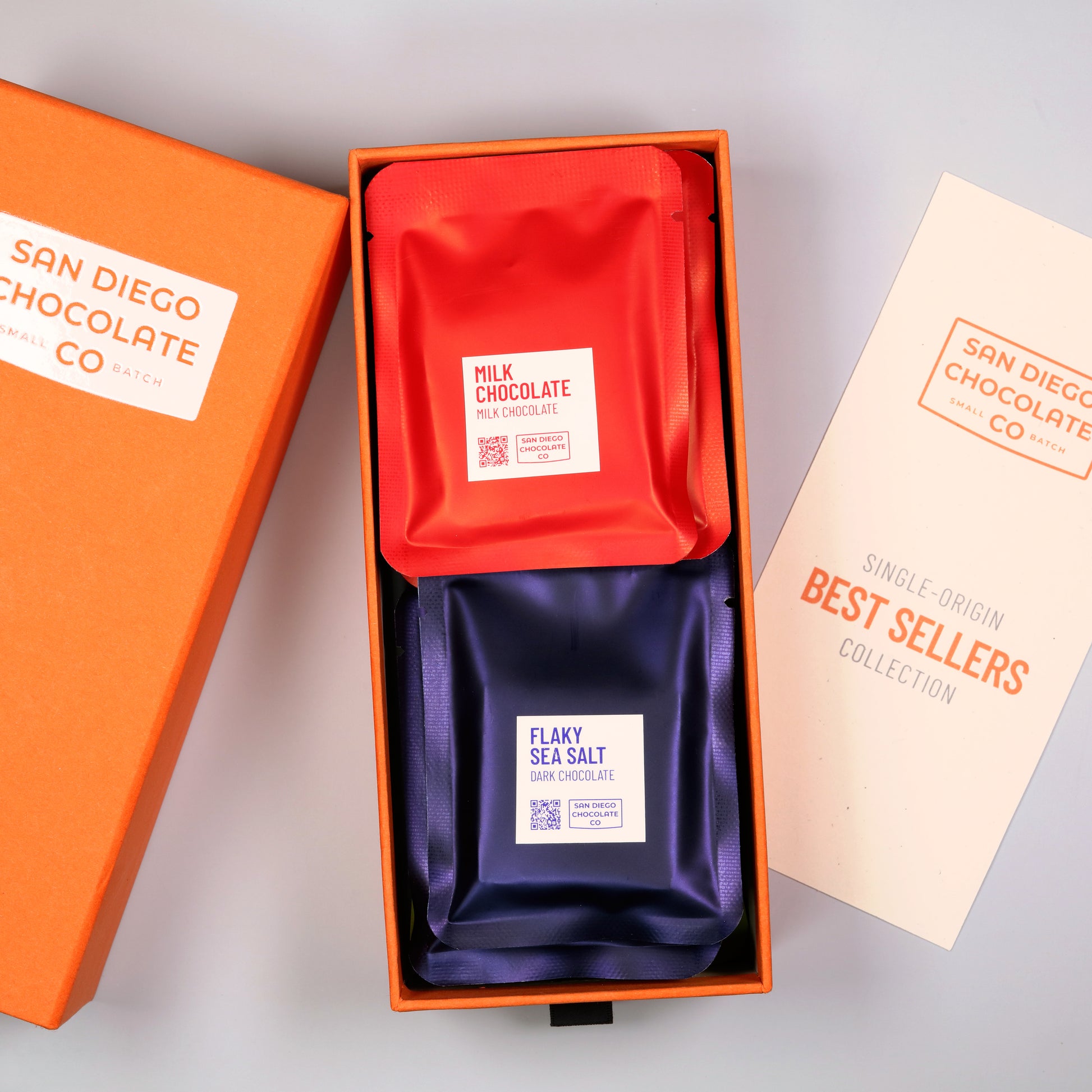 Chocolate bars in an orange box with 'San Diego Chocolate Co' branding on a gray background