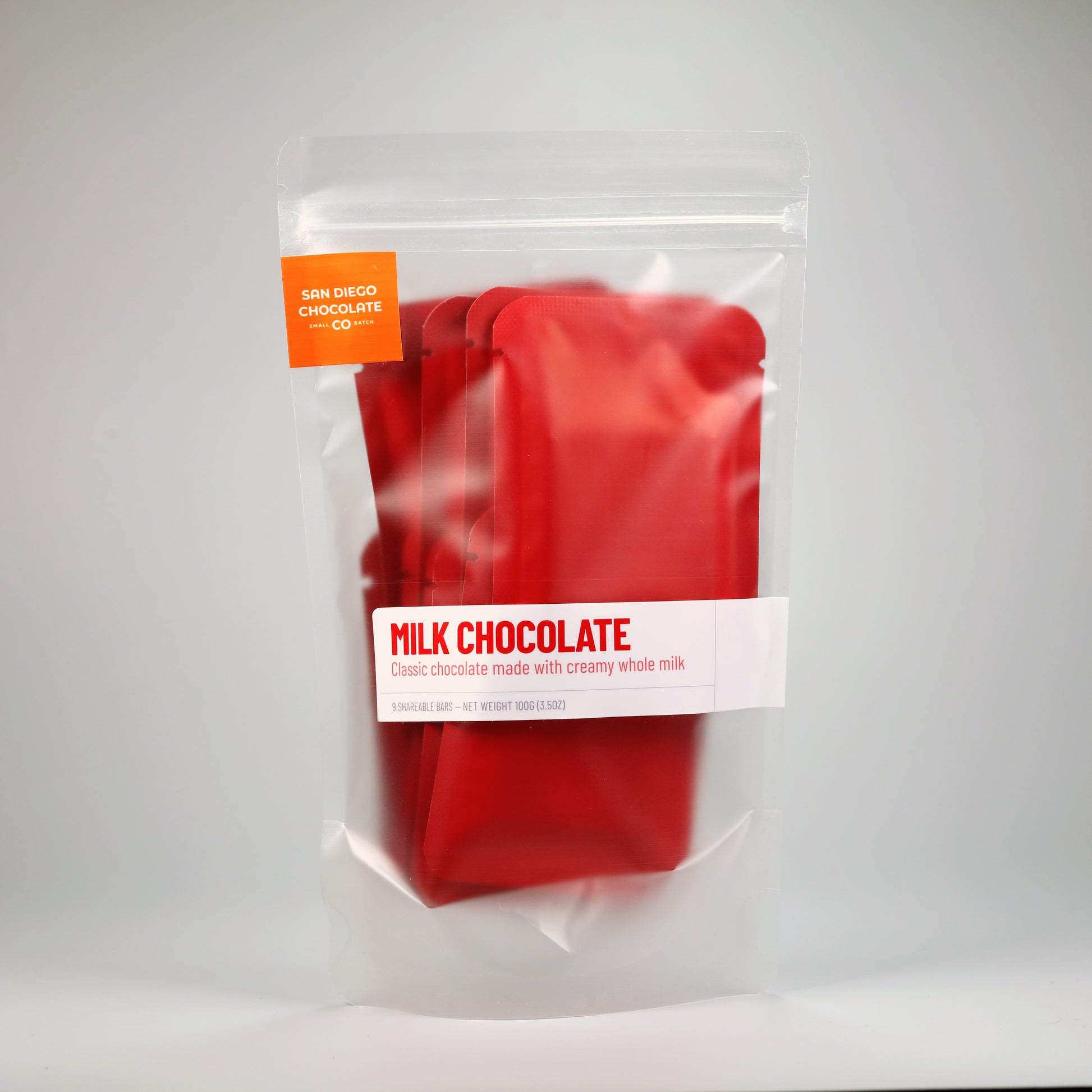 Red milk chocolate package with a clear front on a white background
